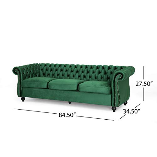 Great Deal Furniture Vita Chesterfield Tufted Jewel Toned Velvet Sofa with Scroll Arms, Emerald