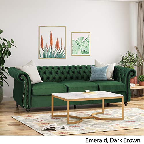 Great Deal Furniture Vita Chesterfield Tufted Jewel Toned Velvet Sofa with Scroll Arms, Emerald