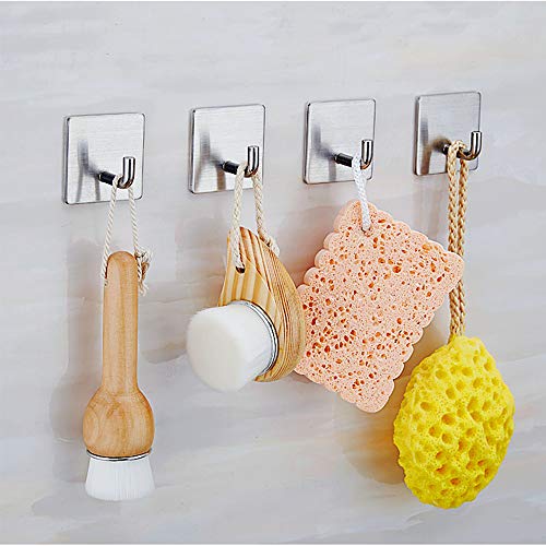 NEXCURIO Adhesive Hooks, Heavy Duty Wall Hooks Stainless Steel Strong Sticky Waterproof Hangers for Hanging Towels Robes Coats Keys Bags Hats - Bathroom Kitchen Office Organizer (4 Packs)