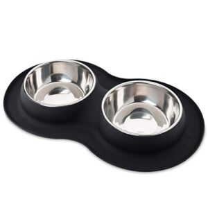 roysili double dog bowl pet feeding station, stainless steel water and food bowls with non skid non spill silicone mat, premium quality dog bowl holder for small medium dogs cats puppy (small, black)