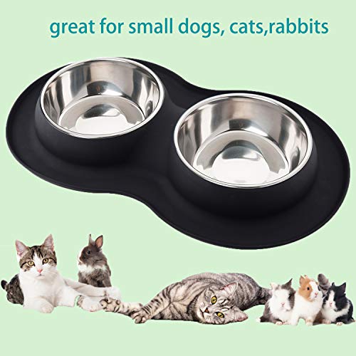 Roysili Double Dog Bowl Pet Feeding Station, Stainless Steel Water and Food Bowls with Non Skid Non Spill Silicone Mat, Quality Dog Bowl Holder for Small Medium Dogs Cats (MIini(for Puppies), Black)