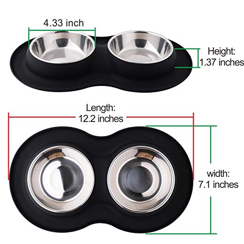Roysili Double Dog Bowl Pet Feeding Station, Stainless Steel Water and Food Bowls with Non Skid Non Spill Silicone Mat, Quality Dog Bowl Holder for Small Medium Dogs Cats (MIini(for Puppies), Black)