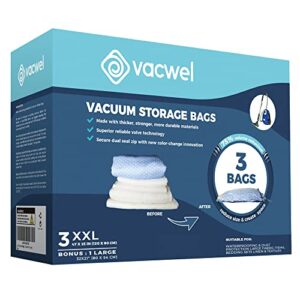 vacwel 3-pack xxl - vacuum storage bags - space saver bags for clothes storage – xl comforters - mattress topper - blanket storage – vacuum sealer bags – ziplock sealed - 3x xxl bags (47x35in) - bonus 1x large bag (32x21in)