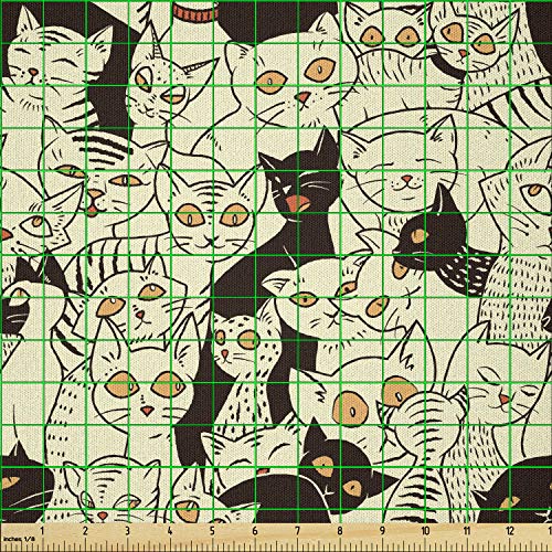 Lunarable Cat Fabric by The Yard, Modern Big Eyed Funk Style Kitties with Retro Influences Animal Graphic, Microfiber Fabric for Arts and Crafts Textiles & Decor, 1 Yard, Yellow Black