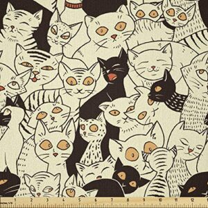 lunarable cat fabric by the yard, modern big eyed funk style kitties with retro influences animal graphic, microfiber fabric for arts and crafts textiles & decor, 1 yard, yellow black