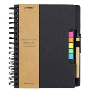 saibang spiral notebook steno notepad, wide ruled lined paper notebooks with pocket, pen in holder, colored sticky notes index tabs page markers for school office, 7 x 9 inch, kraft cover (black)