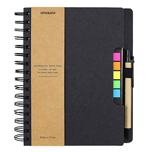 SAIBANG Spiral Notebook Steno Notepad, Wide Ruled Lined Paper Notebooks with Pocket, Pen in Holder, Colored Sticky Notes Index Tabs Page Markers for School Office, 7 x 9 inch, Kraft Cover (Black)