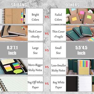 SAIBANG Spiral Notebook Steno Notepad, Wide Ruled Lined Paper Notebooks with Pocket, Pen in Holder, Colored Sticky Notes Index Tabs Page Markers for School Office, 7 x 9 inch, Kraft Cover (Black)