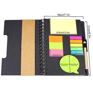 SAIBANG Spiral Notebook Steno Notepad, Wide Ruled Lined Paper Notebooks with Pocket, Pen in Holder, Colored Sticky Notes Index Tabs Page Markers for School Office, 7 x 9 inch, Kraft Cover (Black)