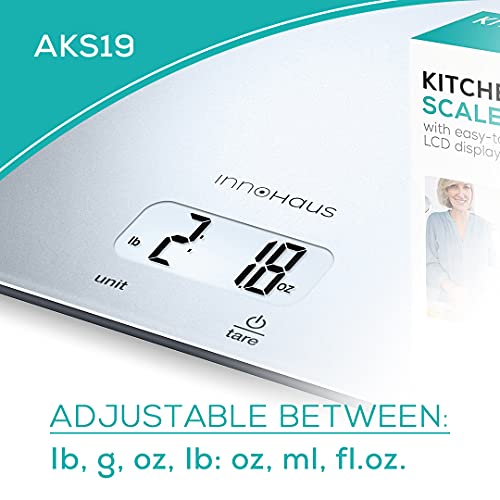 Our Brand - innoHaus Multi-Function Kitchen Food Scale, Digital Display with Tare Function, Precise, Measures in g, oz, lb:oz, ml, fl.oz with Auto-Off, Silver