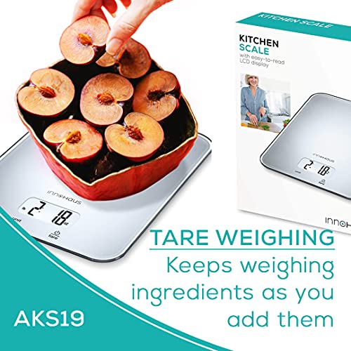 Our Brand - innoHaus Multi-Function Kitchen Food Scale, Digital Display with Tare Function, Precise, Measures in g, oz, lb:oz, ml, fl.oz with Auto-Off, Silver