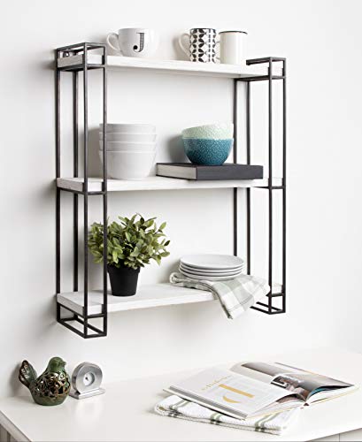 Kate and Laurel Lintz Modern Industrial Wood and Metal Floating Wall Shelves with Black Metal Frame, Rustic White