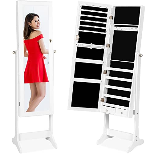 Best Choice Products Standing Mirror Armoire, Lockable Jewelry Storage Organizer Cabinet w/Velvet Interior, 3 Angle Adjustments - White