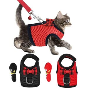 kathson 2pcs cat harness leash for walking escape proof, adjustable buckle breathable mesh vest soft pet harness for cats rabbit hamster (red,black, m)