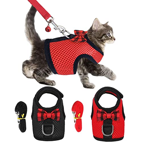 Kathson 2PCS Cat Harness Leash for Walking Escape Proof, Adjustable Buckle Breathable Mesh Vest Soft Pet Harness for Cats Rabbit Hamster (Red,Black, M)