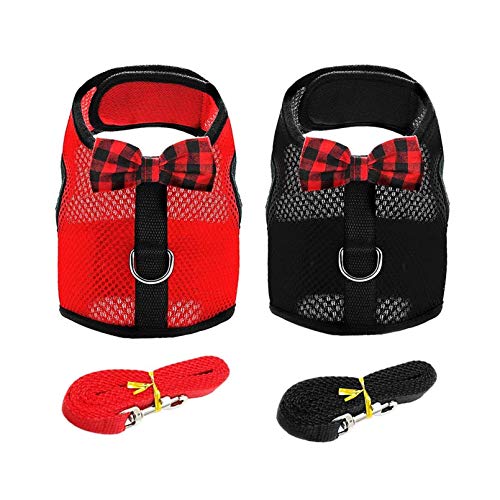 Kathson 2PCS Cat Harness Leash for Walking Escape Proof, Adjustable Buckle Breathable Mesh Vest Soft Pet Harness for Cats Rabbit Hamster (Red,Black, M)