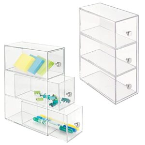 mdesign plastic stackable desktop organizer tower storage station with 3 drawers for home office - holds pens, sticky notes, binder clips, notepads, or gel pens - lumiere collection - 2 pack - clear