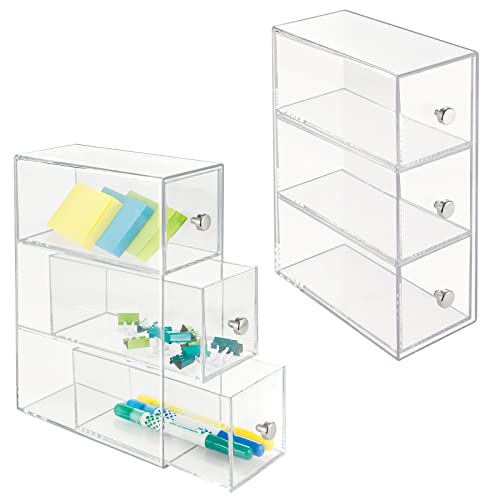 mDesign Plastic Stackable Desktop Organizer Tower Storage Station with 3 Drawers for Home Office - Holds Pens, Sticky Notes, Binder Clips, Notepads, or Gel Pens - Lumiere Collection - 2 Pack - Clear