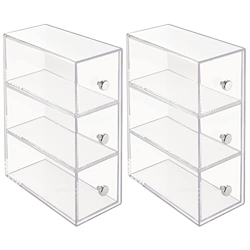 mDesign Plastic Stackable Desktop Organizer Tower Storage Station with 3 Drawers for Home Office - Holds Pens, Sticky Notes, Binder Clips, Notepads, or Gel Pens - Lumiere Collection - 2 Pack - Clear