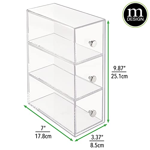 mDesign Plastic Stackable Desktop Organizer Tower Storage Station with 3 Drawers for Home Office - Holds Pens, Sticky Notes, Binder Clips, Notepads, or Gel Pens - Lumiere Collection - 2 Pack - Clear