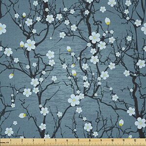 lunarable floral fabric by the yard, sakura tree branches pale japanese cherry blossom spring form, microfiber fabric for arts and crafts textiles & decor, 1 yard, sea blue