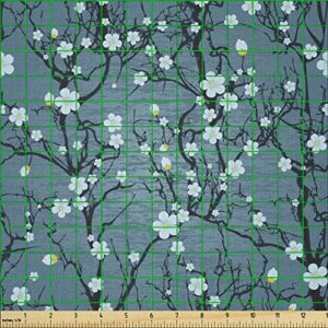 Lunarable Floral Fabric by The Yard, Sakura Tree Branches Pale Japanese Cherry Blossom Spring Form, Microfiber Fabric for Arts and Crafts Textiles & Decor, 1 Yard, Sea Blue