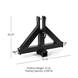 Titan Attachments HD 3 Point 2" Trailer Receiver Adapter Hitch Fits Category 1 Tractors, Quick Hitch Compatible, 2500 LB Towing Capacity, Towable D-Hook, 2.5"x2.5" Steel Drawbar