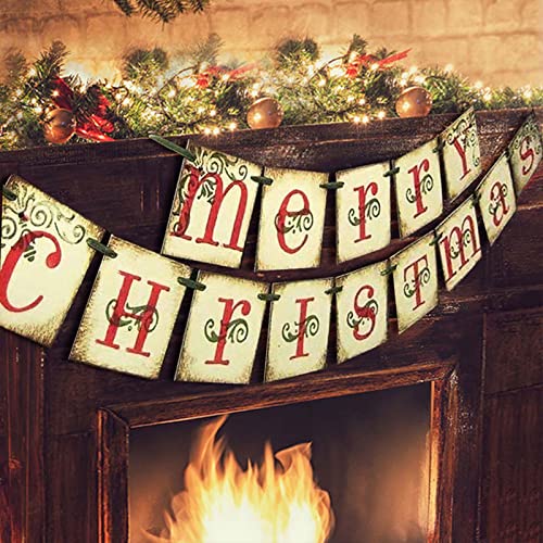 Merry Christmas Banner - Vintage Xmas Decorations Indoor for Home Office Party Fireplace Mantle Farmhouse Decor