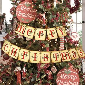 Merry Christmas Banner - Vintage Xmas Decorations Indoor for Home Office Party Fireplace Mantle Farmhouse Decor