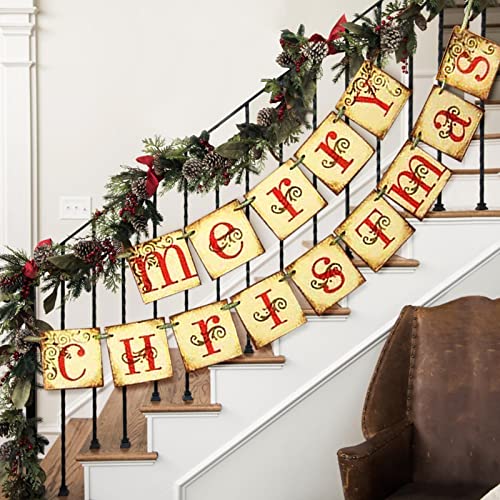 Merry Christmas Banner - Vintage Xmas Decorations Indoor for Home Office Party Fireplace Mantle Farmhouse Decor