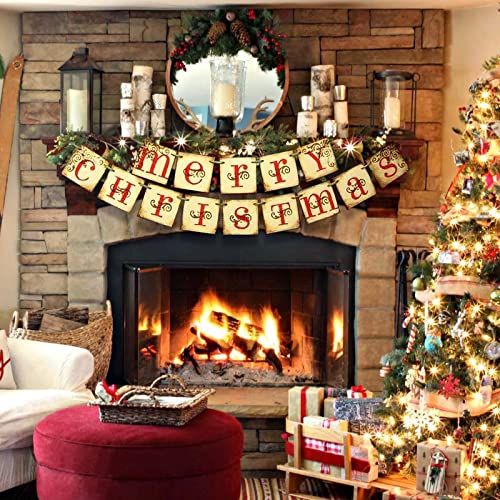 Merry Christmas Banner - Vintage Xmas Decorations Indoor for Home Office Party Fireplace Mantle Farmhouse Decor