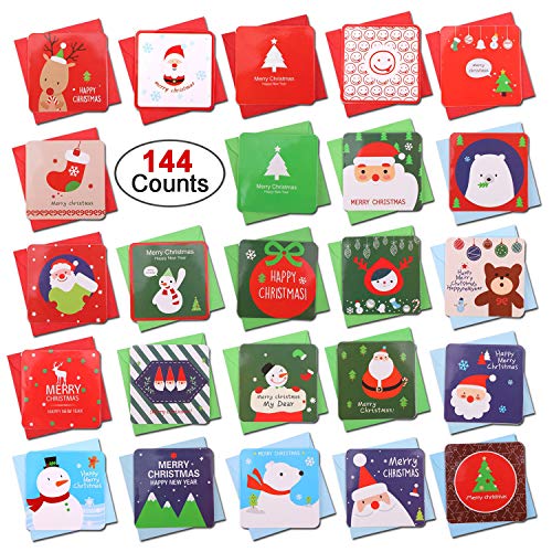 Konsait 144 Count Mini Christmas Cards, Merry Christmas Assorted Greeting Cards Blank Note Cards Xmas Card with Envelopes, Ideal for Kids Gift Box Winter Holiday Christmas Party Favor Supplies