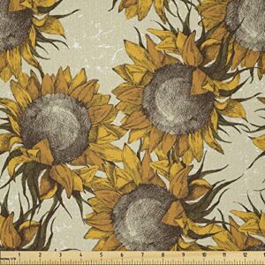 lunarable floral fabric by the yard, dark toned sunflowers with sketch effects harvest time theme paint picture, decorative fabric for upholstery and home accents, 1 yard, marigold beige