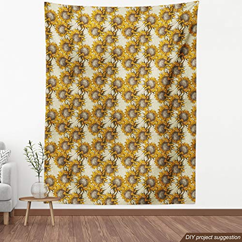 Lunarable Floral Fabric by The Yard, Dark Toned Sunflowers with Sketch Effects Harvest Time Theme Paint Picture, Decorative Fabric for Upholstery and Home Accents, 1 Yard, Marigold Beige