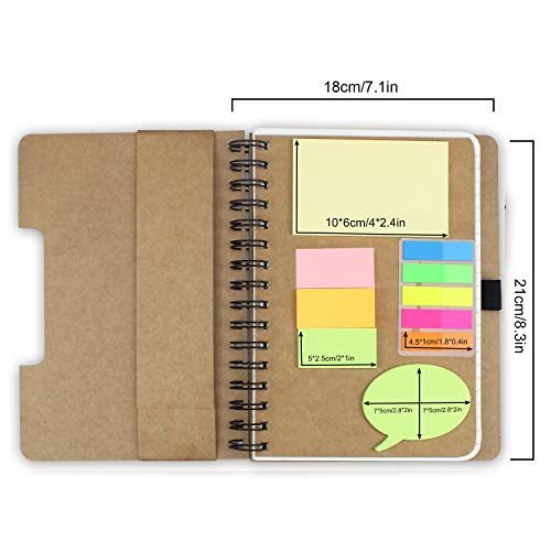 SAIBANG A5 Spiral Notebook Business Notepad with Pen in Holder and Sticky Notes Index Tabs Page Markers for School Office, 18 by 21 cm, 60 Sheets Totally, Kraft Cover (Khaki)