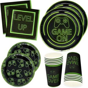 gift boutique video gaming party plates supplies set 24 9" plate 24 7" plates 24 9 oz cups 50 luncheon napkins for gamer birthday decorations gaming themed tableware- level up game over game on