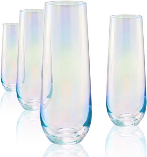 Circleware Radiance White Pearl Luster Stemless Champagne Flutes Glasses Set of 4 Elegant All-Purpose Wine Drinking Glassware Beverage Cups for Water, Juice, Beer, Liquor, Whiskey & Bar Decor, 10.5 oz