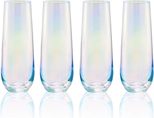 Circleware Radiance White Pearl Luster Stemless Champagne Flutes Glasses Set of 4 Elegant All-Purpose Wine Drinking Glassware Beverage Cups for Water, Juice, Beer, Liquor, Whiskey & Bar Decor, 10.5 oz