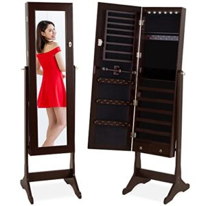 best choice products 6-tier full length standing mirrored lockable jewelry storage organizer cabinet armoire w/ 6 led interior lights, 3 angle adjustments, velvet lining, espresso