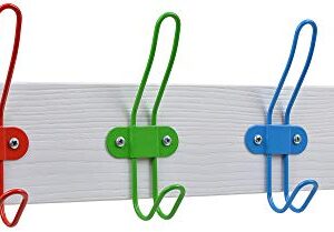 Tibres - Kids Coat Hook Rack for Boys and Girls for Jackets Clothes Hats Backpacks Robes and Towels - Kids Hanger for Use in Nursery Bedroom and Bathroom - Safe Colorful Wire Hooks and White Rail