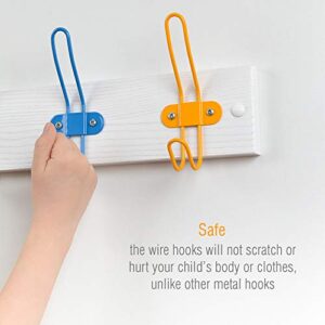 Tibres - Kids Coat Hook Rack for Boys and Girls for Jackets Clothes Hats Backpacks Robes and Towels - Kids Hanger for Use in Nursery Bedroom and Bathroom - Safe Colorful Wire Hooks and White Rail