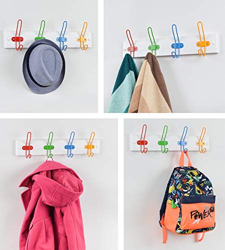 Tibres - Kids Coat Hook Rack for Boys and Girls for Jackets Clothes Hats Backpacks Robes and Towels - Kids Hanger for Use in Nursery Bedroom and Bathroom - Safe Colorful Wire Hooks and White Rail