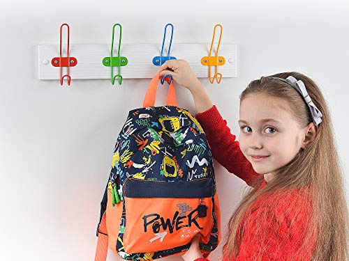 Tibres - Kids Coat Hook Rack for Boys and Girls for Jackets Clothes Hats Backpacks Robes and Towels - Kids Hanger for Use in Nursery Bedroom and Bathroom - Safe Colorful Wire Hooks and White Rail