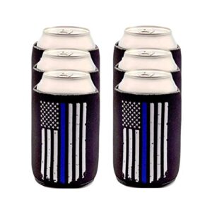 police officer gifts for men - thin blue line beverage can cooler sleeves - law enforcement blue lives matter insulated beer holder with blue stripe american flag - police department ideas, 6-pack