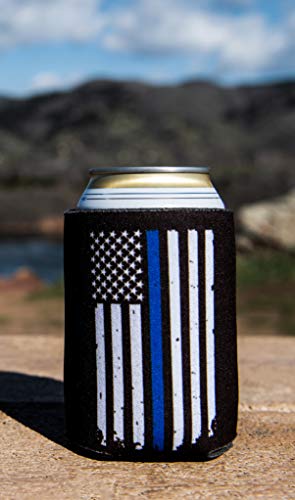 Police Officer Gifts for Men - Thin Blue Line Beverage Can Cooler Sleeves - Law Enforcement Blue Lives Matter Insulated Beer Holder with Blue Stripe American Flag - Police Department Ideas, 6-Pack