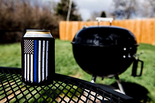 Police Officer Gifts for Men - Thin Blue Line Beverage Can Cooler Sleeves - Law Enforcement Blue Lives Matter Insulated Beer Holder with Blue Stripe American Flag - Police Department Ideas, 6-Pack