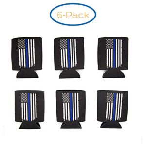 Police Officer Gifts for Men - Thin Blue Line Beverage Can Cooler Sleeves - Law Enforcement Blue Lives Matter Insulated Beer Holder with Blue Stripe American Flag - Police Department Ideas, 6-Pack