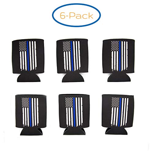 Police Officer Gifts for Men - Thin Blue Line Beverage Can Cooler Sleeves - Law Enforcement Blue Lives Matter Insulated Beer Holder with Blue Stripe American Flag - Police Department Ideas, 6-Pack