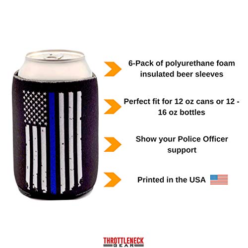 Police Officer Gifts for Men - Thin Blue Line Beverage Can Cooler Sleeves - Law Enforcement Blue Lives Matter Insulated Beer Holder with Blue Stripe American Flag - Police Department Ideas, 6-Pack