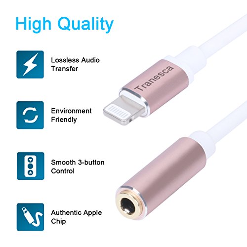 Tranesca Apple MFI Certified Lightning to 3.5 mm Headphone Jack Adapter Compatible with iPhone 11/X/XR/iPhone 8/8 Plus/iPhone 7/7 Plus and More -Music Control & Calling Function Supported (Rose Gold)